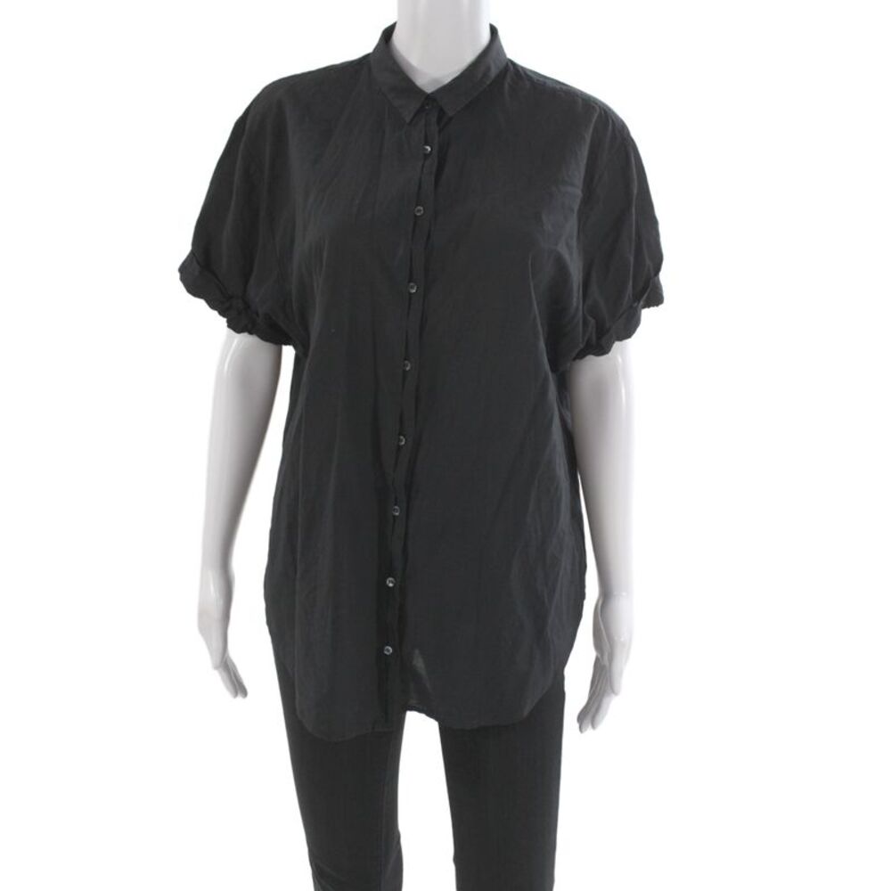 Xirena Womens Basic Collared Short Sleeve Button Up Black Cotton Top Size S